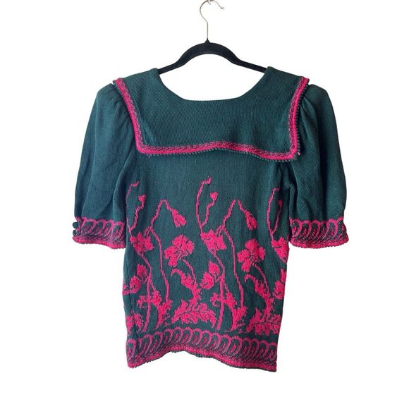 Vintage Women's 80's Cullinane Sweater sz S Embroidery Puff Sleeves Floral Green - Picture 1 of 7